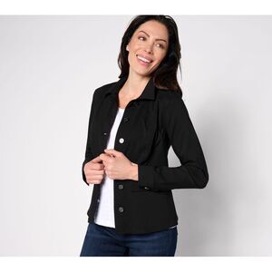 Susan Graver Women's Plus Sz Jacket 1X Uptown Stretch Button Front Black A630842